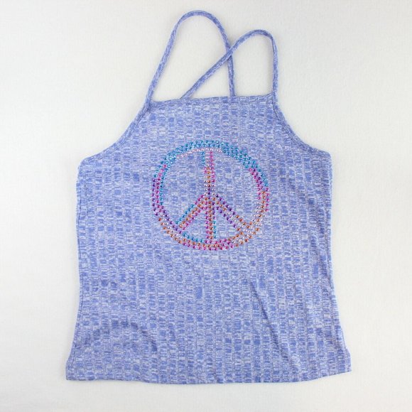 No Comment Girls Rib Knit Tank Top Blue Heather Peace Stretch Youth - Picture 6 of 6